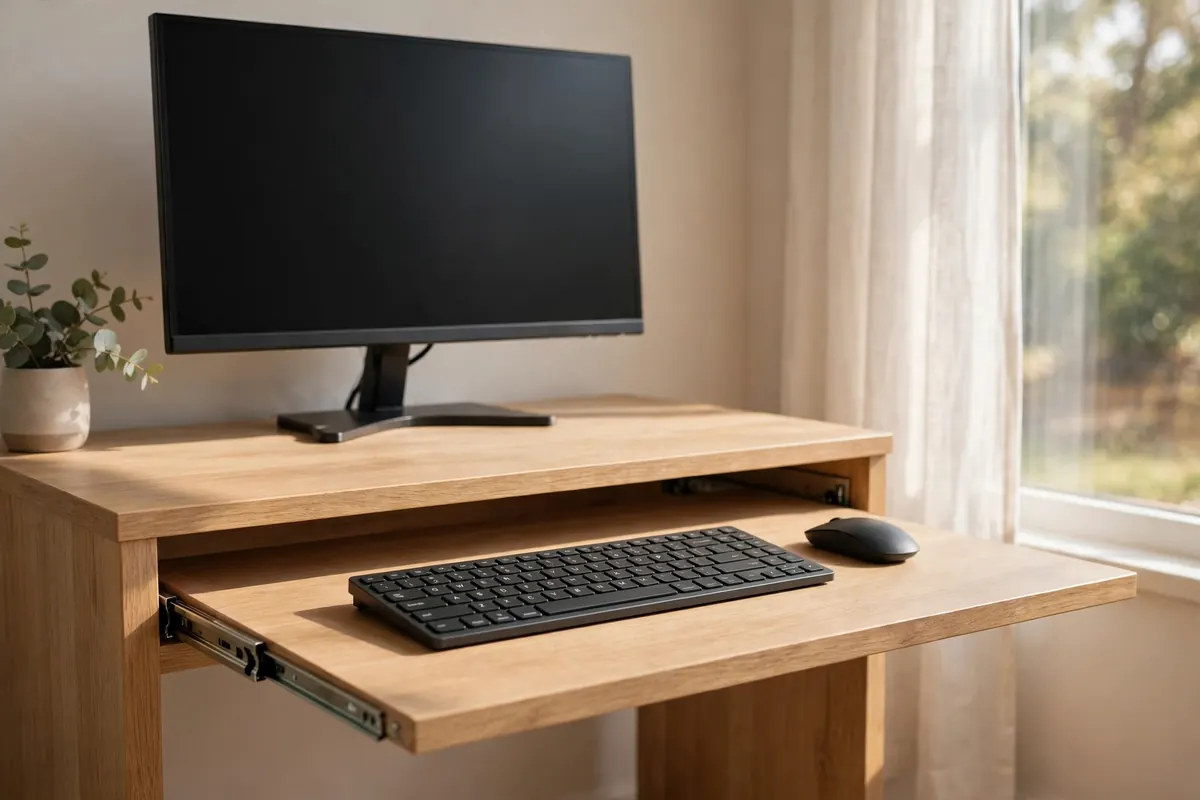 A compact keyboard on a slide-out tray under a small desk
