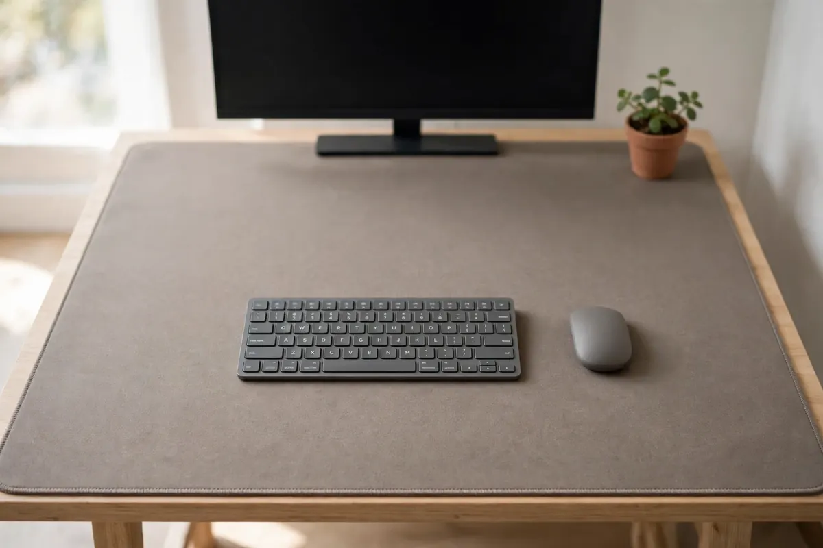 A large desk mat covering most of a small desk, with a keyboard and mouse on top