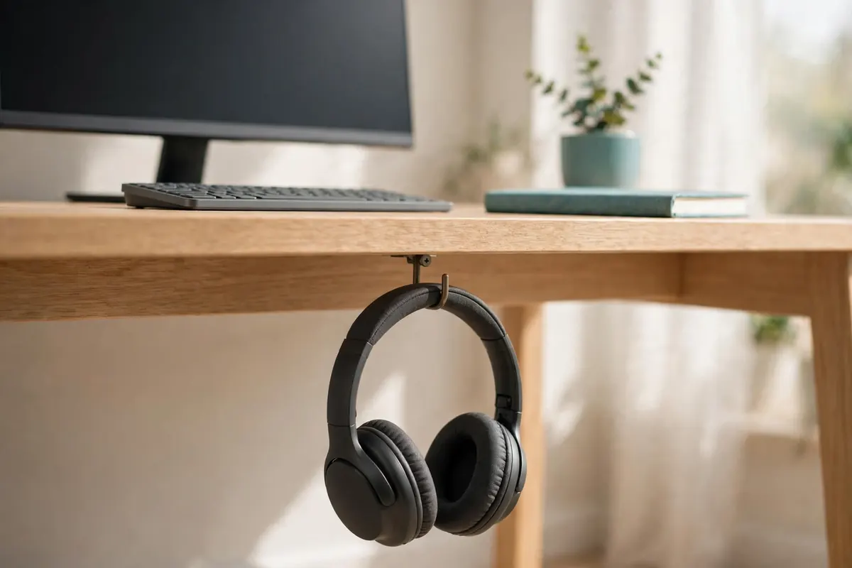 Headphones hanging from a hook mounted under the edge of a desk