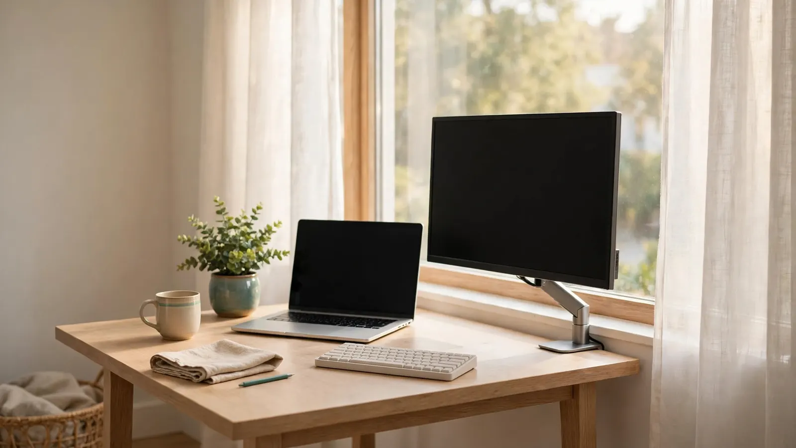 A compact home office desk beside a bright window, with a monitor, laptop, keyboard and a small plant