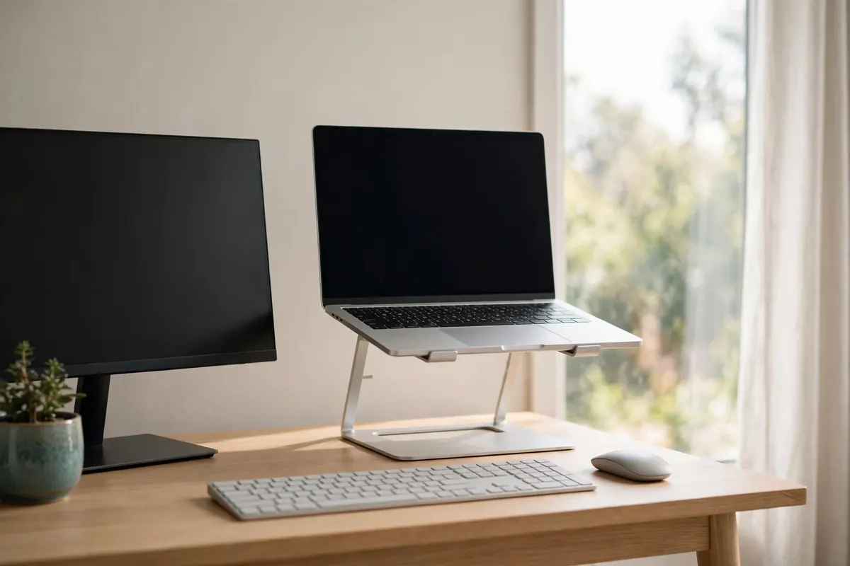 A laptop raised on a stand beside a monitor on a small desk