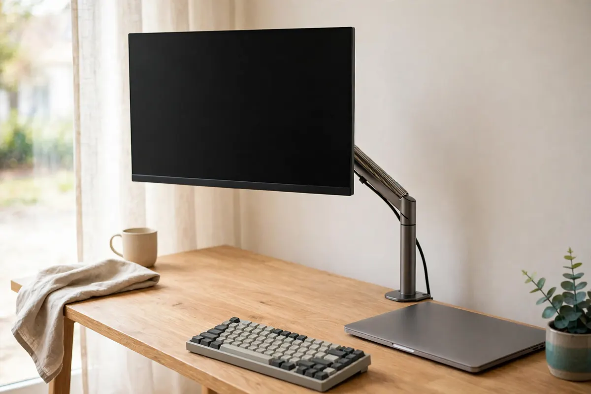 A monitor mounted on a slim arm above a small desk, with clear space beneath the screen