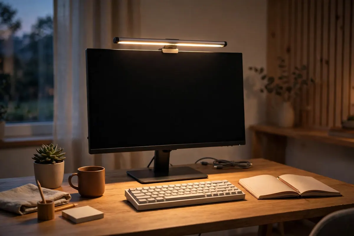 A monitor light bar casting warm light onto a small desk in the evening