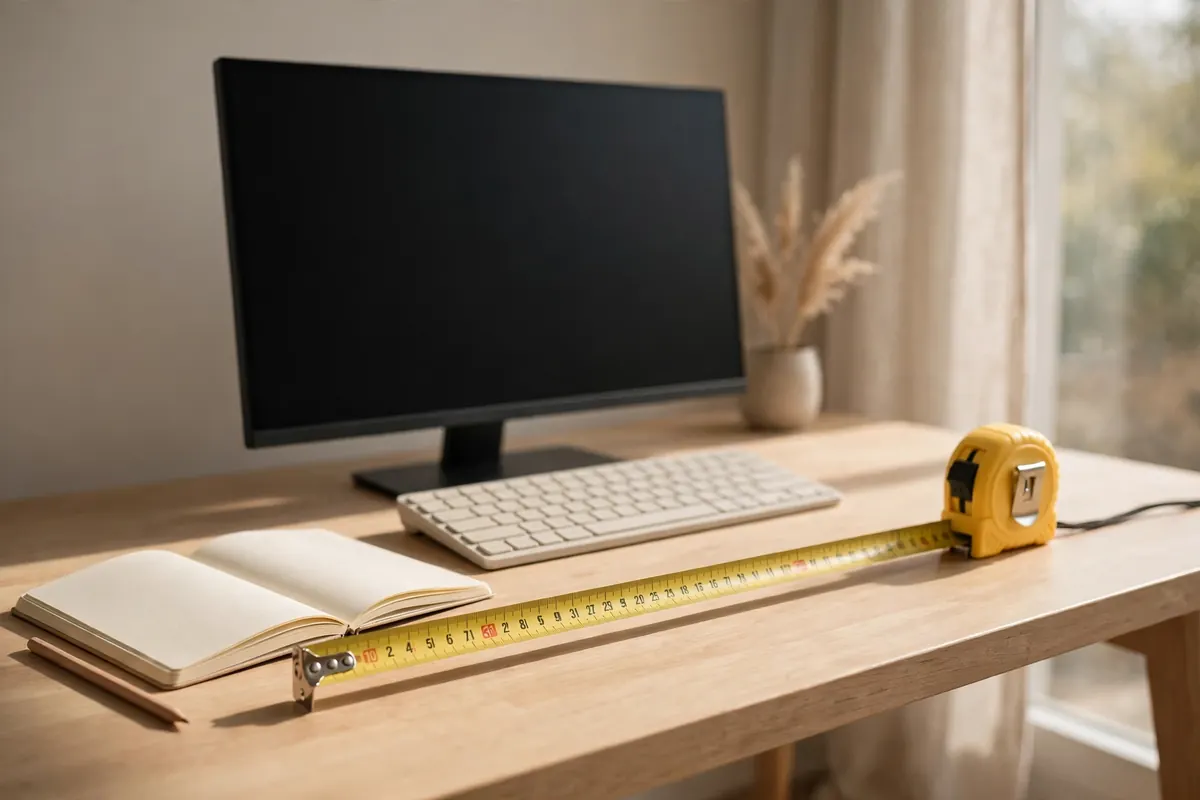 A tape measure stretched across a small desk in front of a monitor and an open notebook