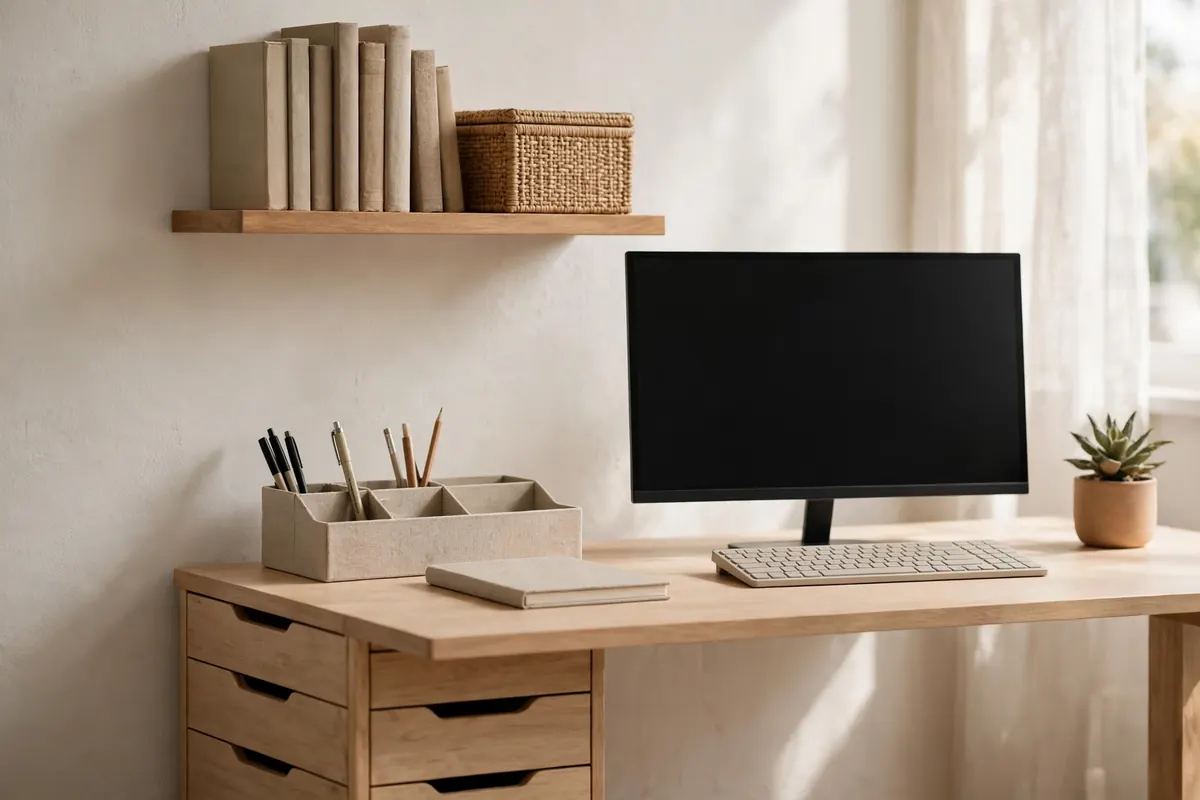 A small desk organised with a drawer unit, a wall shelf and a desk organiser