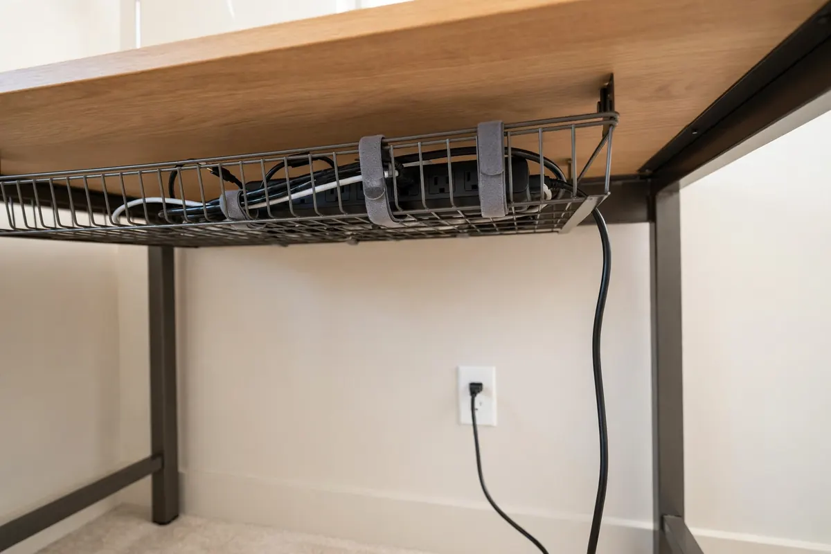 Cables routed neatly through a tray under the back of a small desk