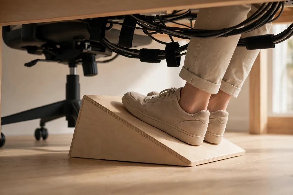 An angled footrest under a small desk with shoes resting on it