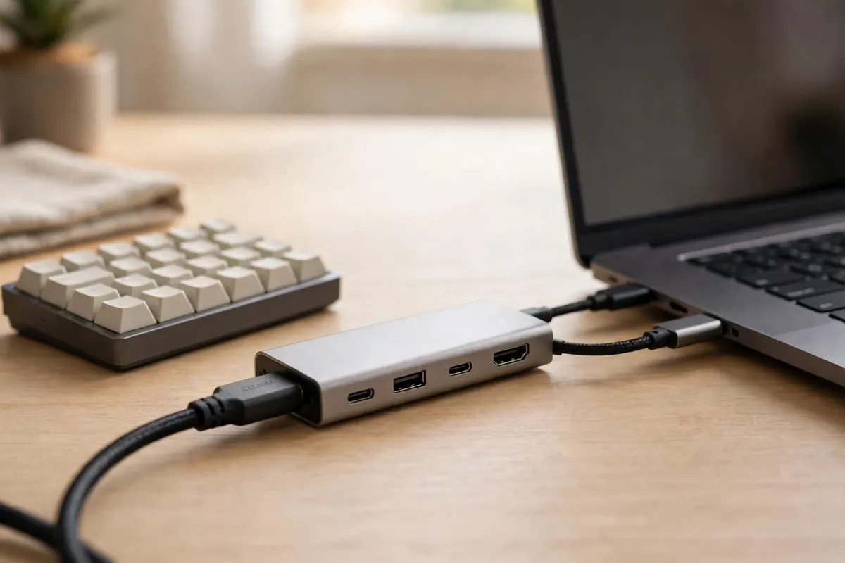 A compact USB-C hub connected to a laptop on a wooden desk